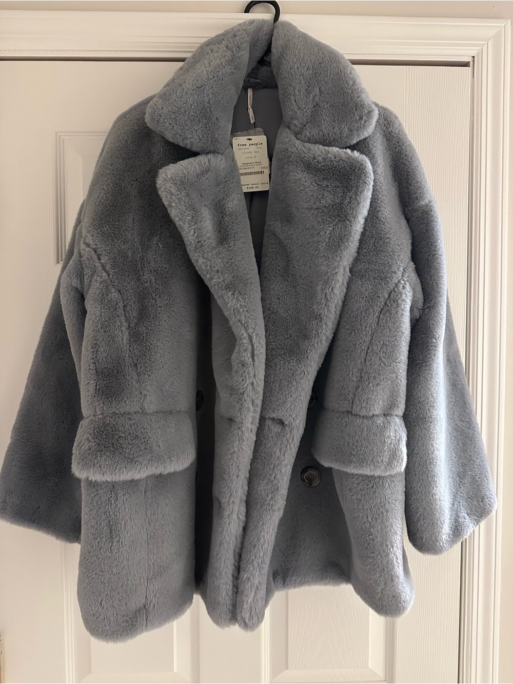 NWT Free People Plush Teddy Coat in Cloudy Day (gray/blue).